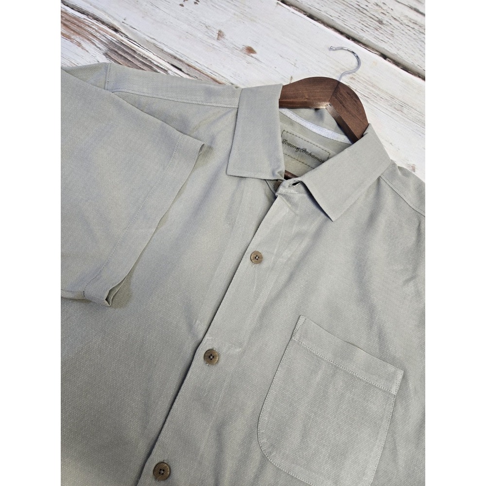 Tommy Bahama Mens L Silk Twill Short Sleeve‎ Button Up Shirt Solid Green Casual
